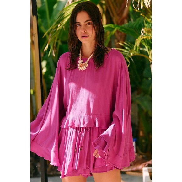 Free People Free Est Delilah Cropped Blouse Top Ruffle Cactus Rose L NWT 284420 - Picture 3 of 8